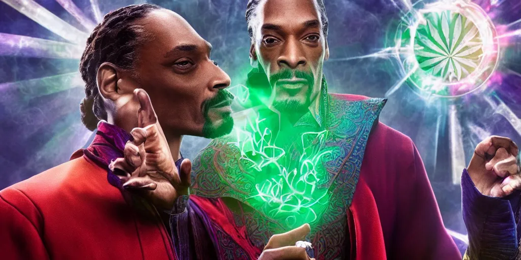 Image similar to snoop dogg as the doctor strange, marijuana leaves, green light, highly detailed, marvel cinematic universe, mcu, photo