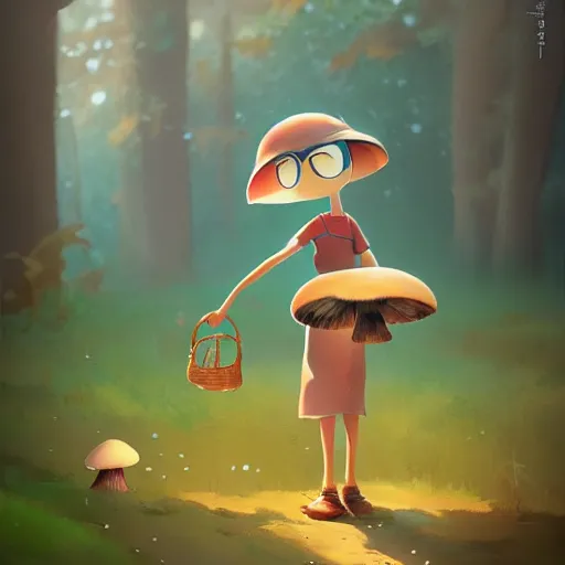 Prompt: goro fujita ilustration a cheerful girl collecting mushrooms in the forest, characterized by masamune shirow and bagshaw tom, character art, sharp focus, highly detailed, artstation