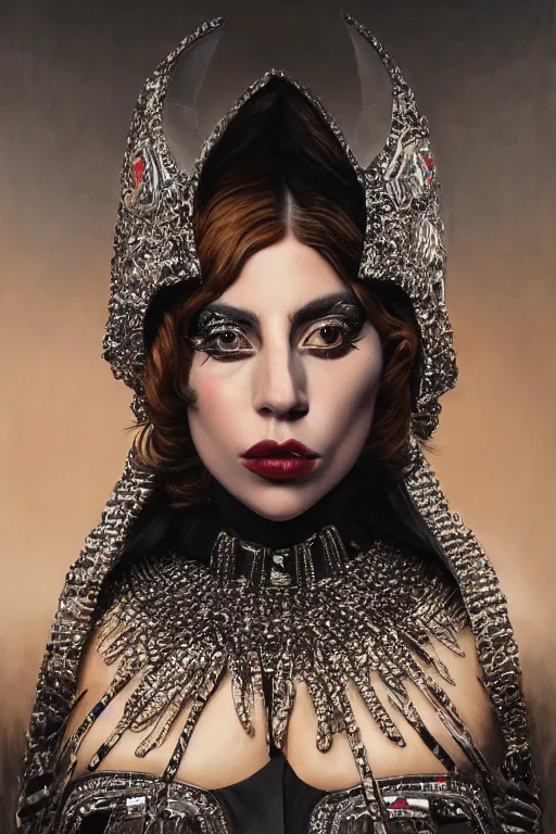 Image similar to 50% Lady Gaga, 50% Darth Vader, oil on canvas, intricate, portrait, 8k highly professionally detailed, HDR, CGsociety