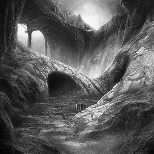 Prompt: michal karcz charcoal drawing of a beautiful landscape. , horror theme, detailed, elegant, intricate, 4k,