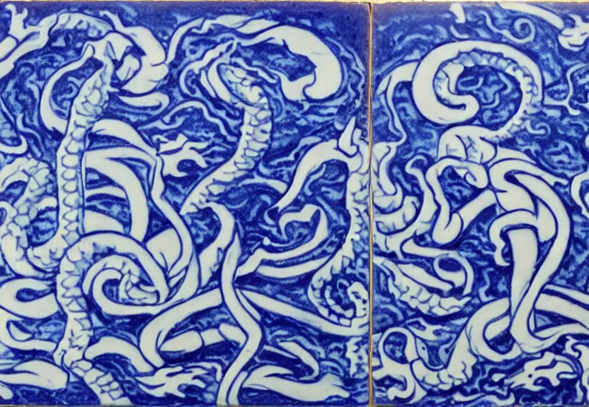 Image similar to azulejo blue and white painted tile art of robed culstists kneeling before cthulhu