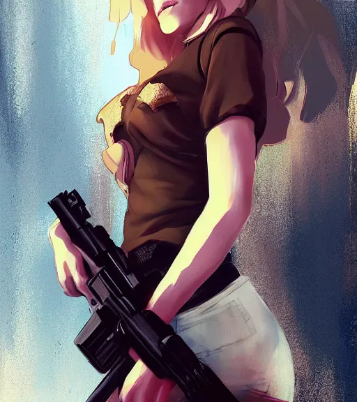 Image similar to pretty woman holding a gun, by wlop, rain, poster, anime key visual, artstation