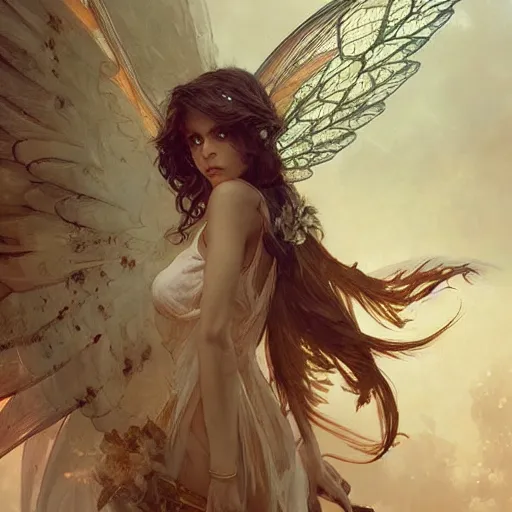 Image similar to beautiful angelic winged seductive fairy, D&D, fantasy, intricate, cinematic lighting, highly detailed, digital painting, artstation, smooth, sharp focus, illustration, art by Akihiko Yoshida, Greg Rutkowski and Alphonse Mucha, by Pixar