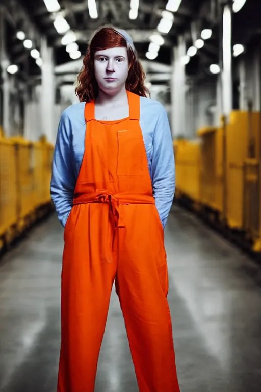 Prompt: portrait photo of a teenage girl in an orange jumpsuit. Bright orange, natural hair, freckles. In an industrial environment. Shallow depth of field. Dramatic lighting. Low light. Highly detailed.