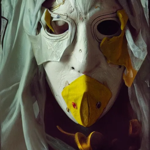 Prompt: Person in tattered old yellow wizard robes, wearing a white expressionless masquerade mask, Fantasy, 4k, alphonse mucha, Adolfo Hohenstein, Alice Russell Glenny, Stanley Artgerm Lau, greg rutkowski, detailed 4k horror artwork, trending on artstation, smooth, sharp focus