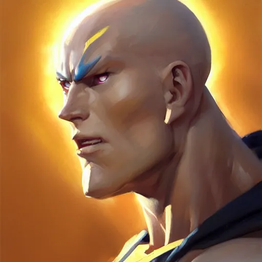 Image similar to Greg Manchess portrait painting of Saitama as Overwatch character, medium shot, asymmetrical, profile picture, Organic Painting, sunny day, Matte Painting, bold shapes, hard edges, street art, trending on artstation, by Huang Guangjian and Gil Elvgren and Sachin Teng