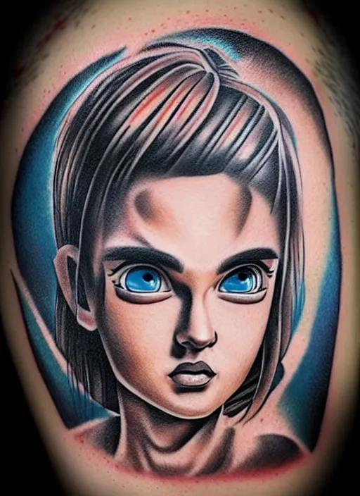 Image similar to highly detailed portrait of bulma, photographic realistic background, by nikkohurtado, by stevebutchertattoos, by den _ yakovlev, by niki 2 3 gtr, by sivak _, by tonysantos _ tattoo, trending on instagram, award winning details