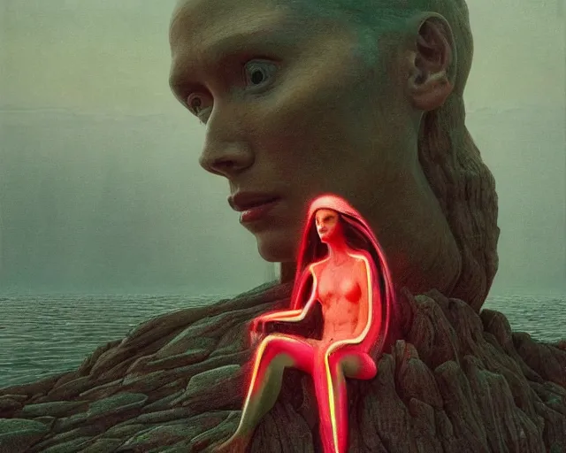 Image similar to iridescent, portrait, rocky lake shore, alien woman, glowing red, by edgar maxence and ross tran, zdzisław beksinski, and michael whelan, distant, gustav dore, h. r. giger, 8 k, octane render