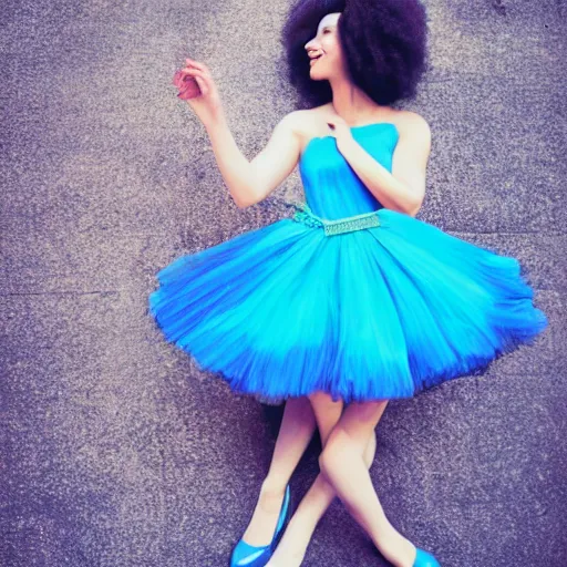 Image similar to a beautiful young woman in a blue elmer dress + sparkling ruby shoes on her feet + sense of wonder