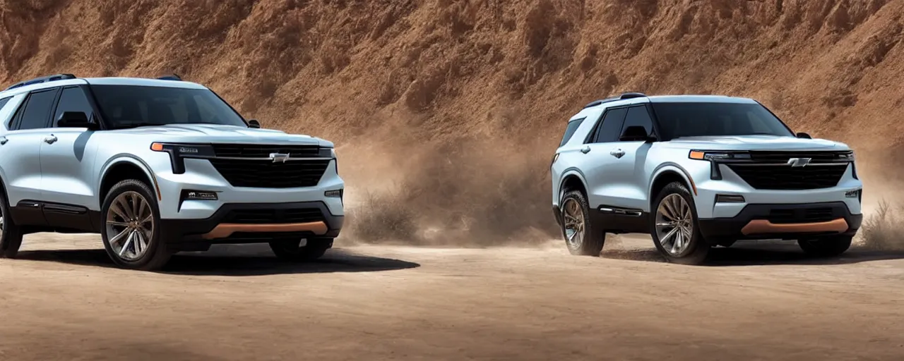 Prompt: A photo of an SUV inspired by a 2022 Ford Explorer and 2022 Chevrolet Tahoe, silver, driving through a desert