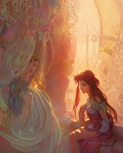 Image similar to secret romance, highly detailed,, gold filigree, romantic storybook fantasy, soft cinematic lighting, award, disney concept art watercolor illustration by mandy jurgens and alphonse mucha and alena aenami, pastel color palette, featured on artstation