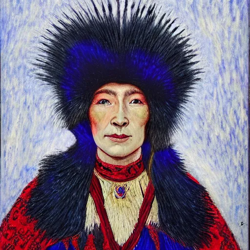 Prompt: head and shoulders portrait of a female knight, inuk, furs, baroque, symbolist, tonalist, sfumato, chiaroscuro, luminous, detailed, ravens, edge lighting, etching, palette knife, girih, prussian blue and venetian red, glazing, happy