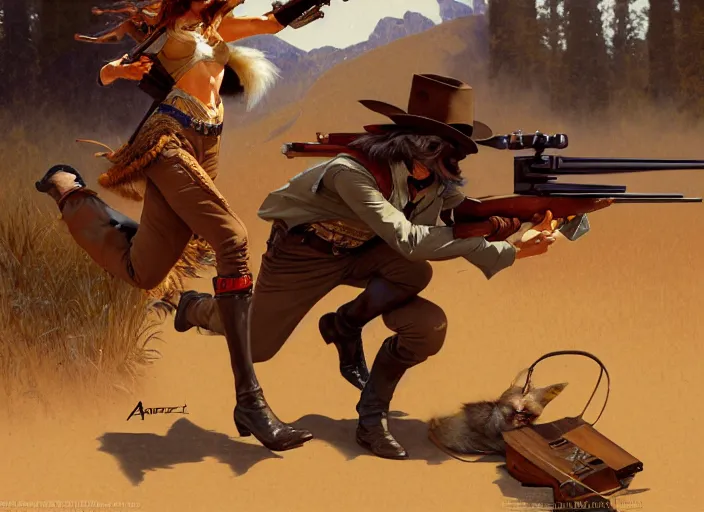 Image similar to a beautiful, dynamic illustration of an bounty hunting anthropomorphic fox - woman running and gunning with a winchester rifle, wild west theme, motion blur, action illustration by stanley artgerm, greg rutkowski, alphonse mucha, norman rockwell, 8 k,