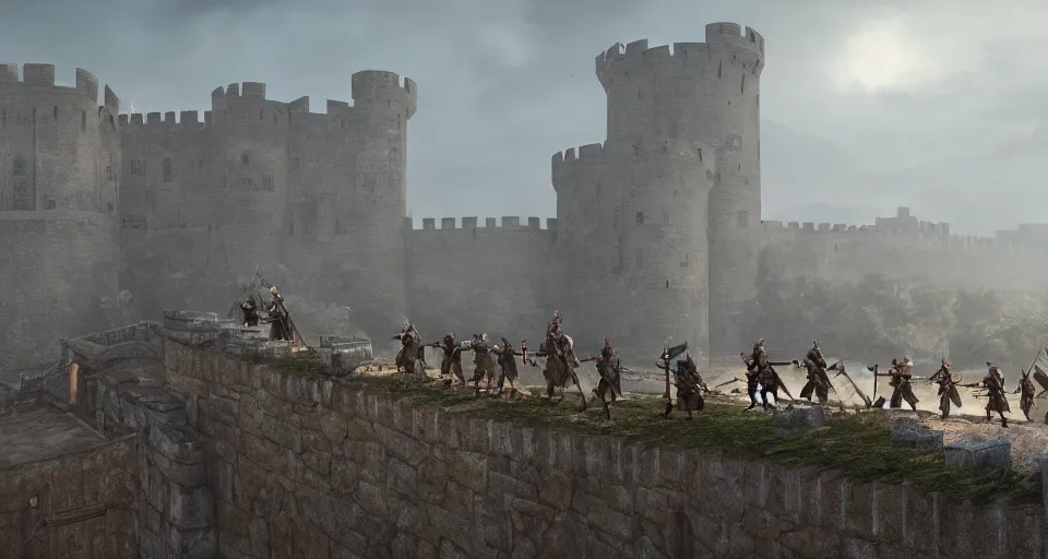 Prompt: ten medieval soldiers atop a castle wall looking at two trebuchets. it is a quiet morning. mist, epic, cinematic, volumetric lighting, symmetry, fantasy style, highly - detailed, unreal 5, realism