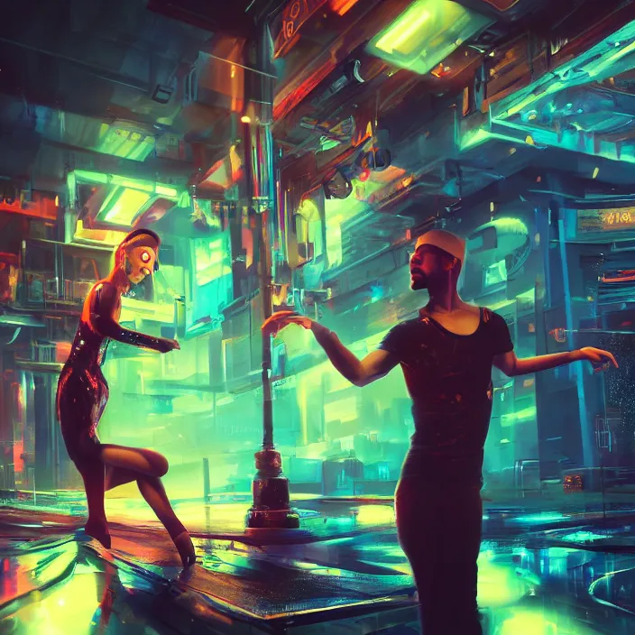 Prompt: two dancers in a virtual club, by artur sadlos, highly detailed, cyberpunk themed, indicate details, cinematic lighting, bright colors, ultra realism, rendered in unreal, sci - fi concept art, video game cinematic