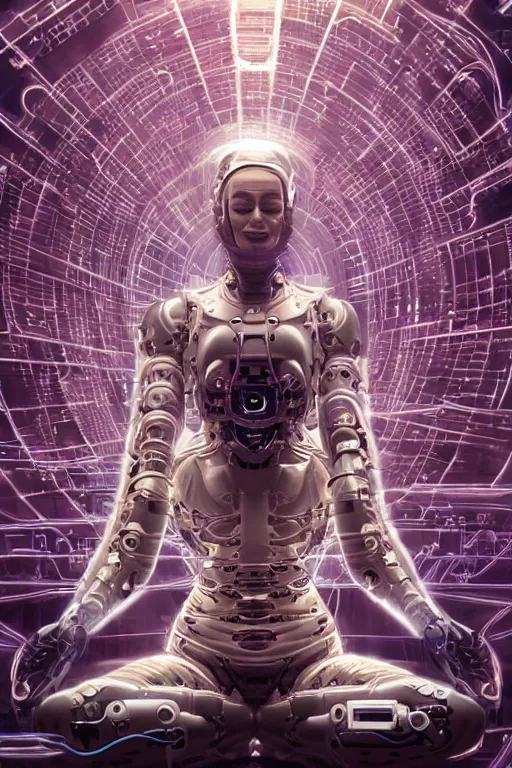 Image similar to Meditating cyborg with many cybernetic implants and wiring, sitting in a lotus pose, slightly smiling, techno-optimism, utopia, sci-fi, hyperrealist, centered, wide angle shot, shart focus, detailed, intricate, 4k UHD, creative lighting, digital painting by Greg Rutkowski, face by artgerm, digital art, trending on artstation, top post of all time on /r/transhumanism subreddit