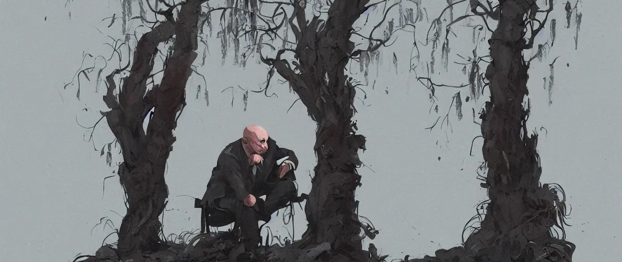 Prompt: comic noir illustration 3 / 4 portrait of bald merchant. no beard. no hat. demonic stare. medieval clothes. brown tunic. sitting below willow tree in a foggy evening by sachin teng and sergey kolesov and ruan jia and heng z. graffiti art, scifi, fantasy, hyper detailed. octane render. concept art. trending on artstation