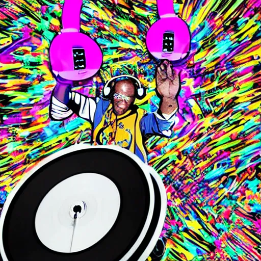 Image similar to svg sticker of a Dancing-Ben-Harper-Snoop-Spike-Lee-with-a-large-Afro-Puff, at a rave, spinning records, giant headphones rocking out, wearing headphones, huge speakers, dancing, rave, DJ, spinning records, digital art, amazing composition, rule-of-thirds, award-winning, trending on artstation, featured on deviantart