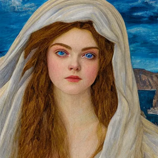 Prompt: professional painting of Elle Fanning in Santorini in the style of Eleanor Fortescue-Bricksdale, head and shoulders portrait, symmetrical facial features, smooth, sharp focus, illustration, intricate, stormy weather, extremely detailed masterpiece,