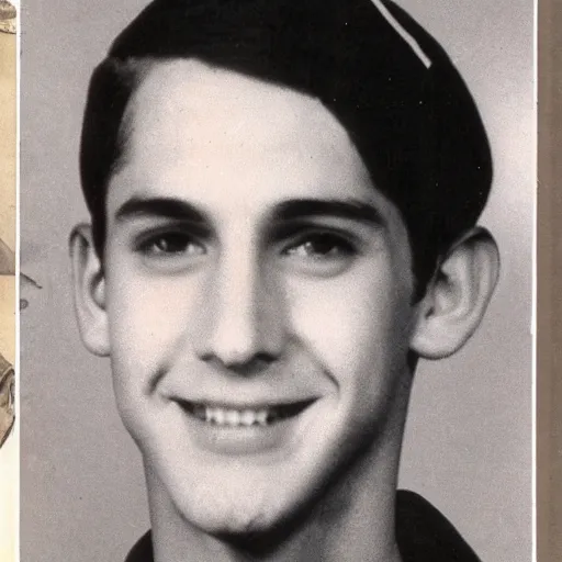 Image similar to a yearbook photo of Jughead Jones in 1966, he is wearing a whoopee cap