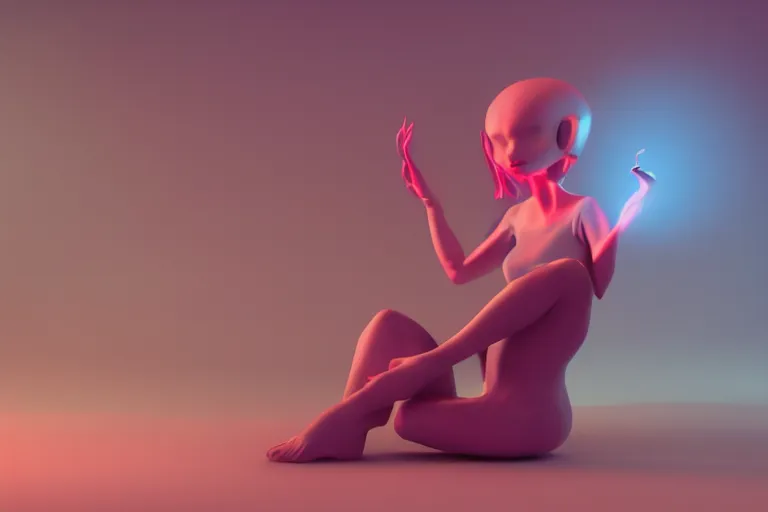 Image similar to a cute alien girl sitting on a cloud relaxing, misty, glows, blender render, hazy, foggy, red lighting, ambient lighting, 8 k,