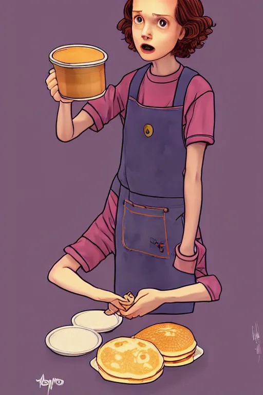 Prompt: eleven from stranger things making pancakes, animation pixar style, by pendleton ward, magali villeneuve, artgerm, rob rey and kentaro miura style, golden ratio, trending on art station