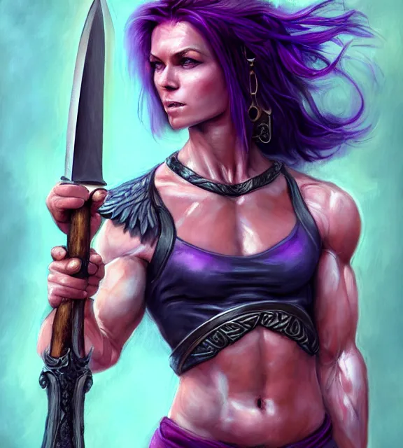 Prompt: muscular female warrior holding giant dagger, perfect face, diadem, black halter top, purple hair, abs, cinematic, blush, stunning, athletic, strong, agile, highly detailed, psychedelic, digital painting, artstation, smooth, hard focus, illustration, art by jessica rossier and and brian froud