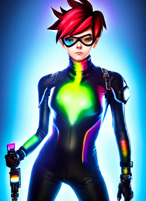 Image similar to full body overwatch style oil painting portrait of tracer overwatch, confident pose, wearing black jagged iridescent rainbow latex armor, rainbow, neon, 4 k, expressive surprised expression, makeup, wearing large rainbow neon choker, studio lighting, black leather harness, expressive detailed face and eyes,