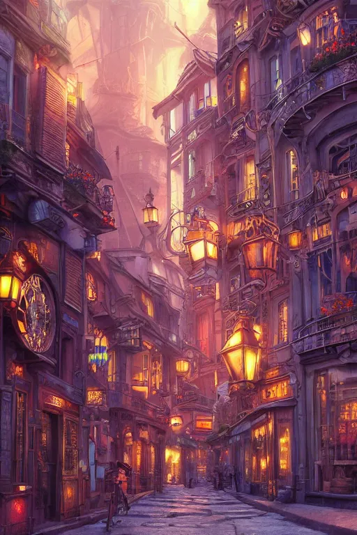 Image similar to colorful street vue of steampunk paris, intricate details, realistic shaded , steampunk, highly detailed, artstation, painting by François Schuiten and moebius, disney fantasy style, octane render, dynamic light, volumetric light, neon lights, cinematic mood