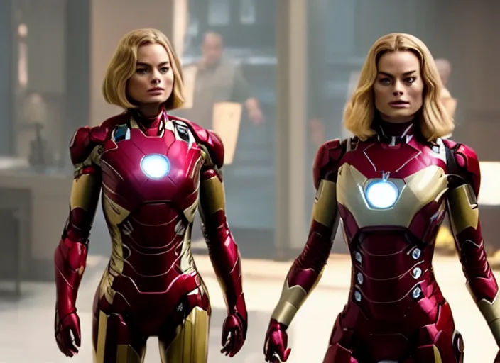 Prompt: movie still of margot robbie playing as iron man in the movie avengers, directed by russo brothers, marvel cinematic universe