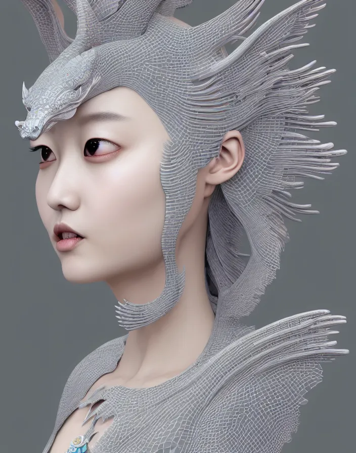 Image similar to 3 d goddess medium shot profile portrait. beautiful intricate highly detailed korean gumiho mask and traditional korean hanbok. stingray, magpie, stingray, magpie, bioluminescent, plasma, lava, ice, water, wind, creature, fog, artwork by tooth wu and wlop and beeple and greg rutkowski, 8 k trending on artstation,