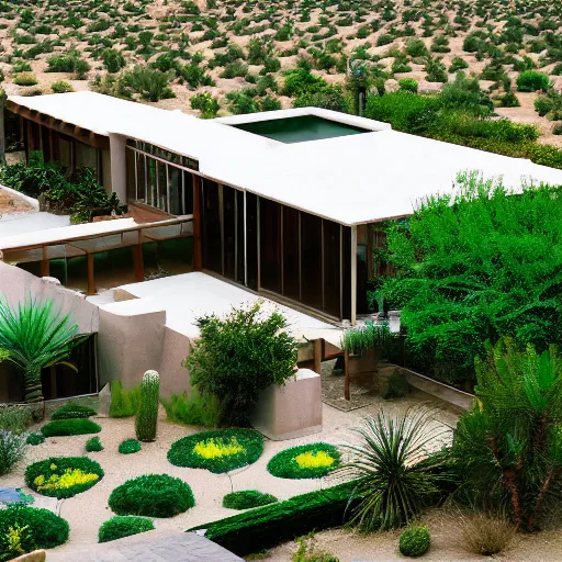 Prompt: a beautiful desert house with flowing green garden around it