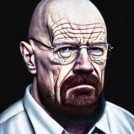 Image similar to photo portrait of a morbidly obsee walter white with a beard, morbidly obese, realistic, hyperrealistic, 8 k resolution, hd quality, very detailed, highly detailed, intricate details, real life, real world, trending on artstation, digital art, really realistic, very realistic, headshot, head in frame, photograph, portrait