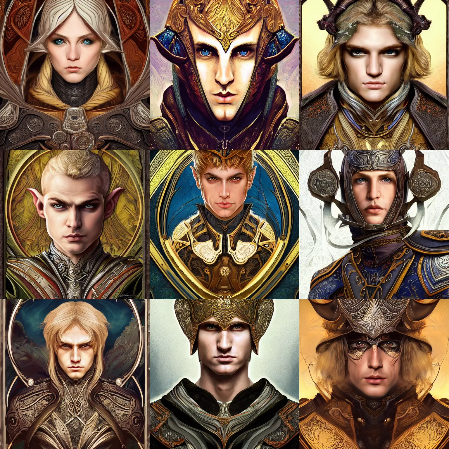 Prompt: head-on symmetrical centered painted portrait, elf male ranger, blonde hair, leather armour, art nouveau, tarot card style, complex fractal background, fantasy, intricate, elegant, highly detailed, smooth, sharp focus, illustration, artstation, in the style of Artgerm and Anna Podedworna and Alex Ross and Mucha