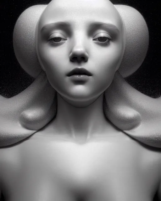 Prompt: dreamy, monochrome, subsurface scattering, white, young beautiful goddess - robot in cosmos, octane render, dino valls, mark ryden, joe fenton, michal karcz, highly detailed, rim light, art, cinematic lighting, very coherent, hyper realism, 8 k