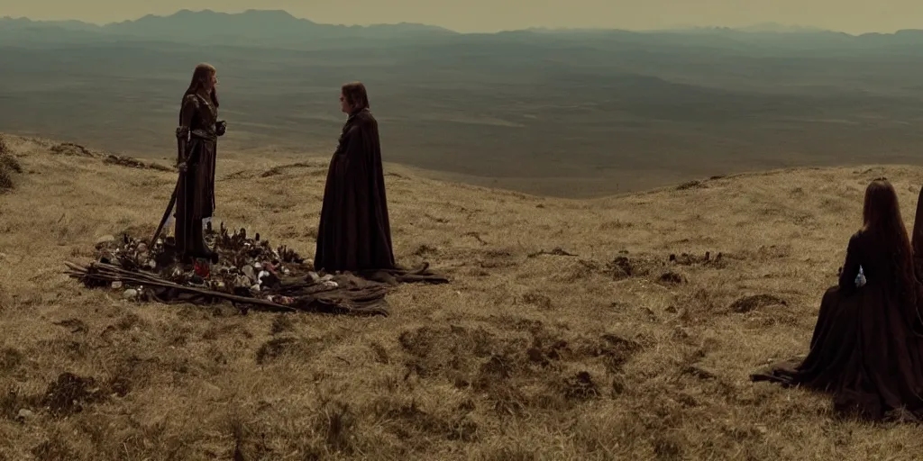 Image similar to film still of woman on a throne and knight standing below on a knee, on a mountain of dead knights by emmanuel lubezki