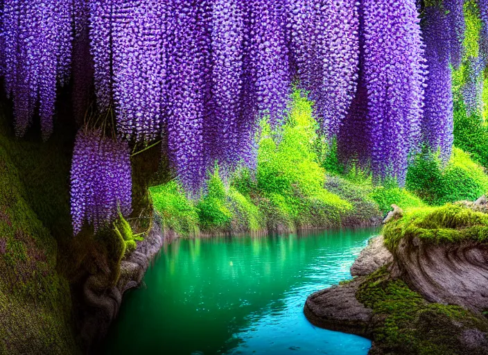 Image similar to long shot of a tiny wisteria tree on an island in a river in an underground cave. fantasy magic style. highly detailed 8 k. intricate. lifelike. epic. movie poster. soft light. sony a 7 r iv 5 5 mm. cinematic post - processing