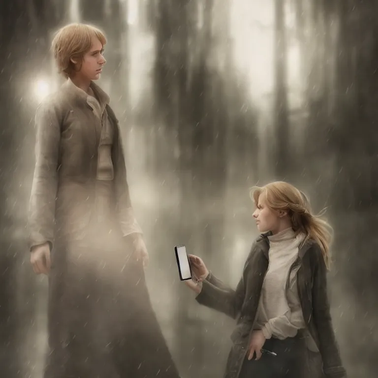 Image similar to cute annie leonhart holding taking a photo of luke skywalker wallpaper, beautiful face, pale skin, rule of thirds, cinematic lighting, rainy weather, melancholy atmosphere, volumetric light, realistic reflections, sharp focus, backlit, model agency, instagram photo, shot on iphone 1 3 pro max, hyper realistic,