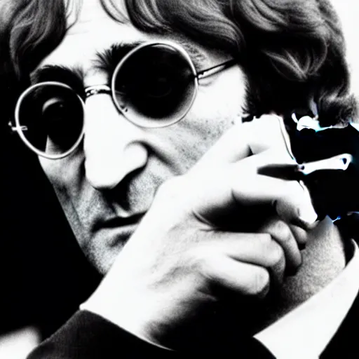 Image similar to a photo of john lennon holding a smartphone in his hand, high detailed
