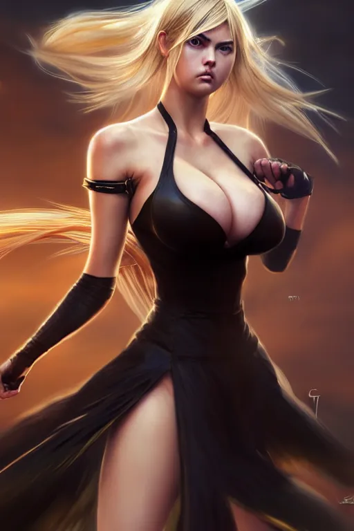 Image similar to Tekken 4 fighter anime Stunning Portrait Kate Upton fighting with long black dress by Greg Rutkowski, blonde long hair, in a fighting stance, A man attacks super speed, digital painting, artstation, concept art, soft light, hdri, smooth, sharp focus, illustration, art by tian zi, craig mullins, Mark Arian, WLOP, alphonse mucha