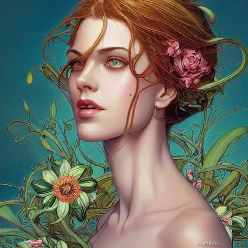 Image similar to a beautiful detailed front view portrait of a woman with ornate growing around, ornamentation, flowers, elegant, beautifully lit, artgerm, joshua middleton comic cover art,