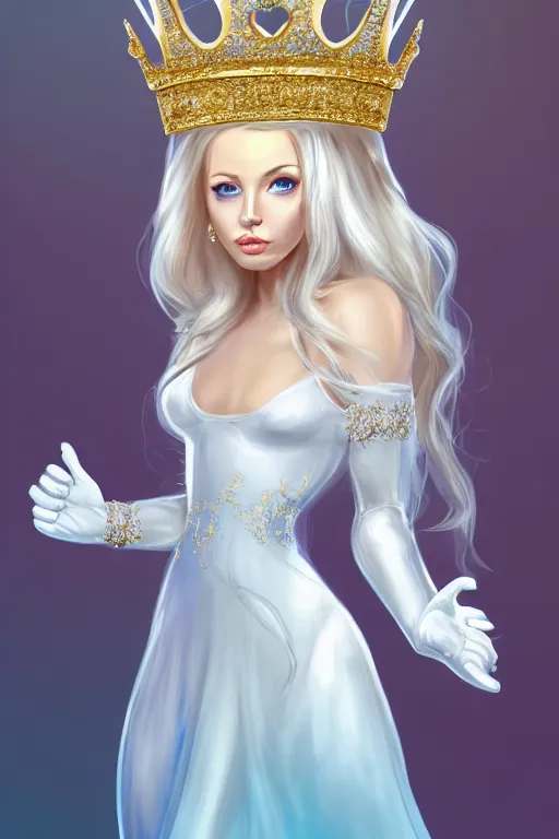 Prompt: Beautiful Queen!!, white long hair, sky blue eyes, tight white silk dress, white long gloves, bear foot, crown made of gold and diamonds, intricate, fantasy, elegant, artstation, hard focus vivid colours