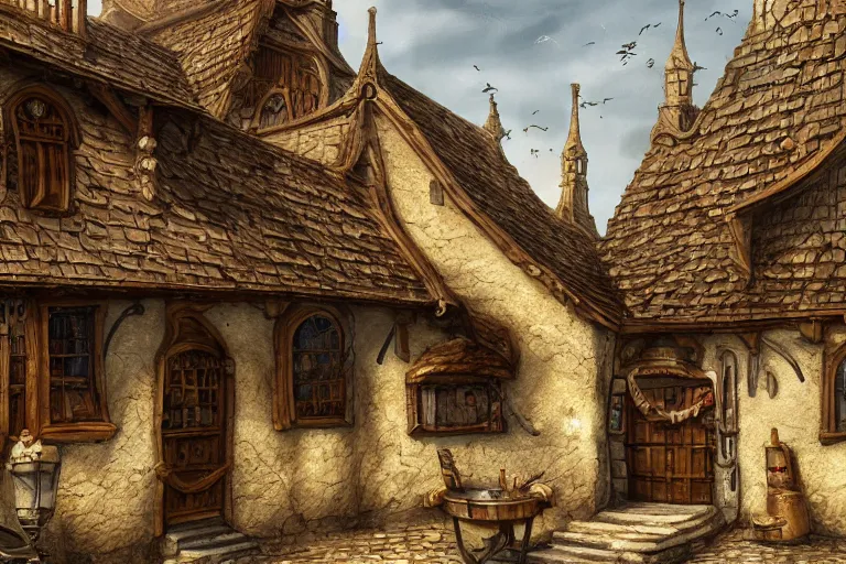 Image similar to A medieval tavern viewed from the outside, texture, intricate, details, highly detailed, masterpiece, architecture, building, trending on artstation, focus, sharp focus, concept art, digital painting, fantasy, sunny, day, midday