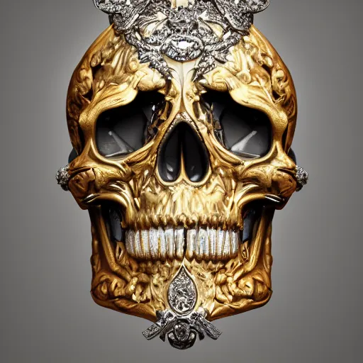 Image similar to a portrait of a beautiful ornate and intricate rococo skull with silver and gold details and diamonds inside a rococo frame, 4k, octane render, vray, unreal engine, photorealistic