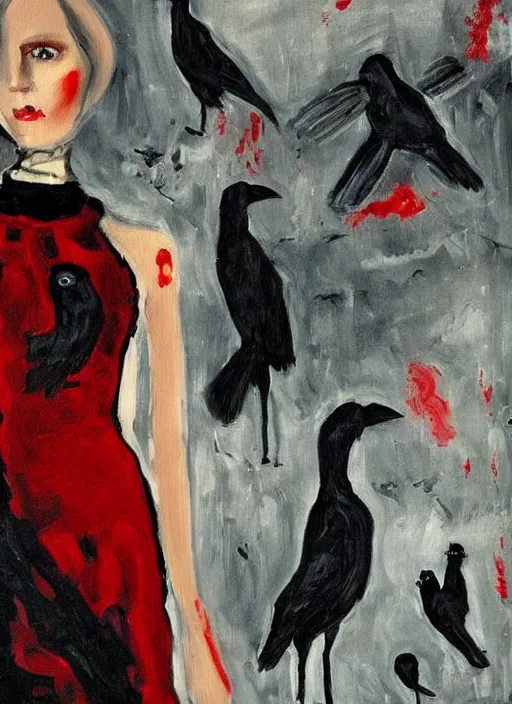 Image similar to a painting of AnnaSophia Robb, frozen cold stare, blood red background and transparent gray dress, crows as a symbol of death, in style of Chaim Soutine and Edward Hopper