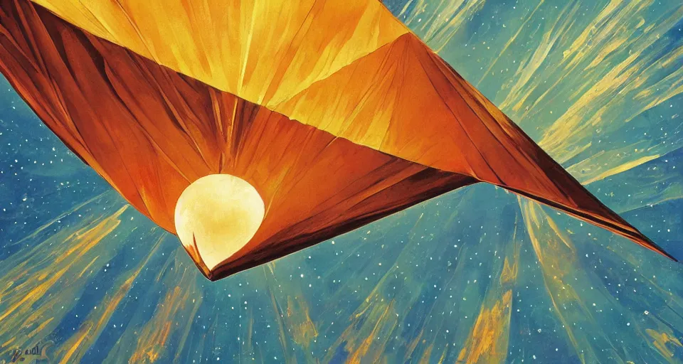 Image similar to giant solar sail, floating in space between the sun and earth, art deco painting