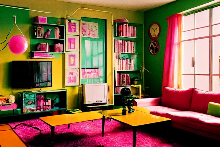 Image similar to apartment inspo groovy lava lamp theme, frog themed, in 2 0 5 5, y 2 k cybercore, bright - light photography, bathed in the glow of a crt monitor, still from a wes anderson movie