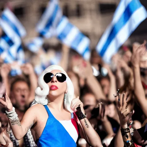 Prompt: Lady Gaga Argentina presidential rally, Argentine flags behind, bokeh, as Evita, epic photo, detailed, Argentina