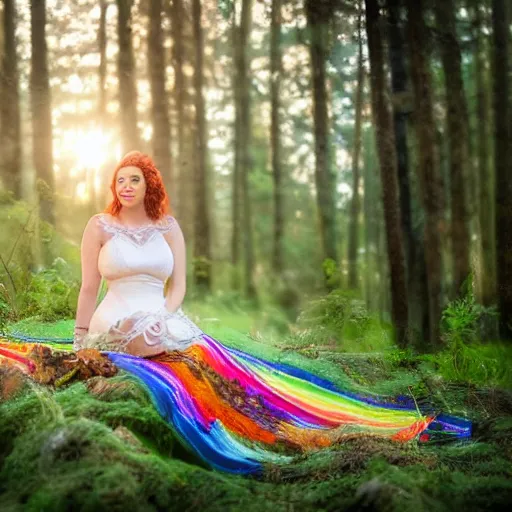 Image similar to a hyperrealistic photo of melynda moon, sitting in a colorful forest during the sunrise, wearing a long rainbow wedding gown