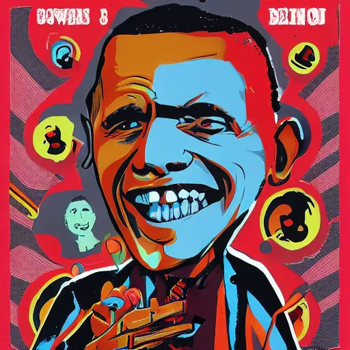 Image similar to Obama, graphic illustration by Jamie Hewlett, bold colors